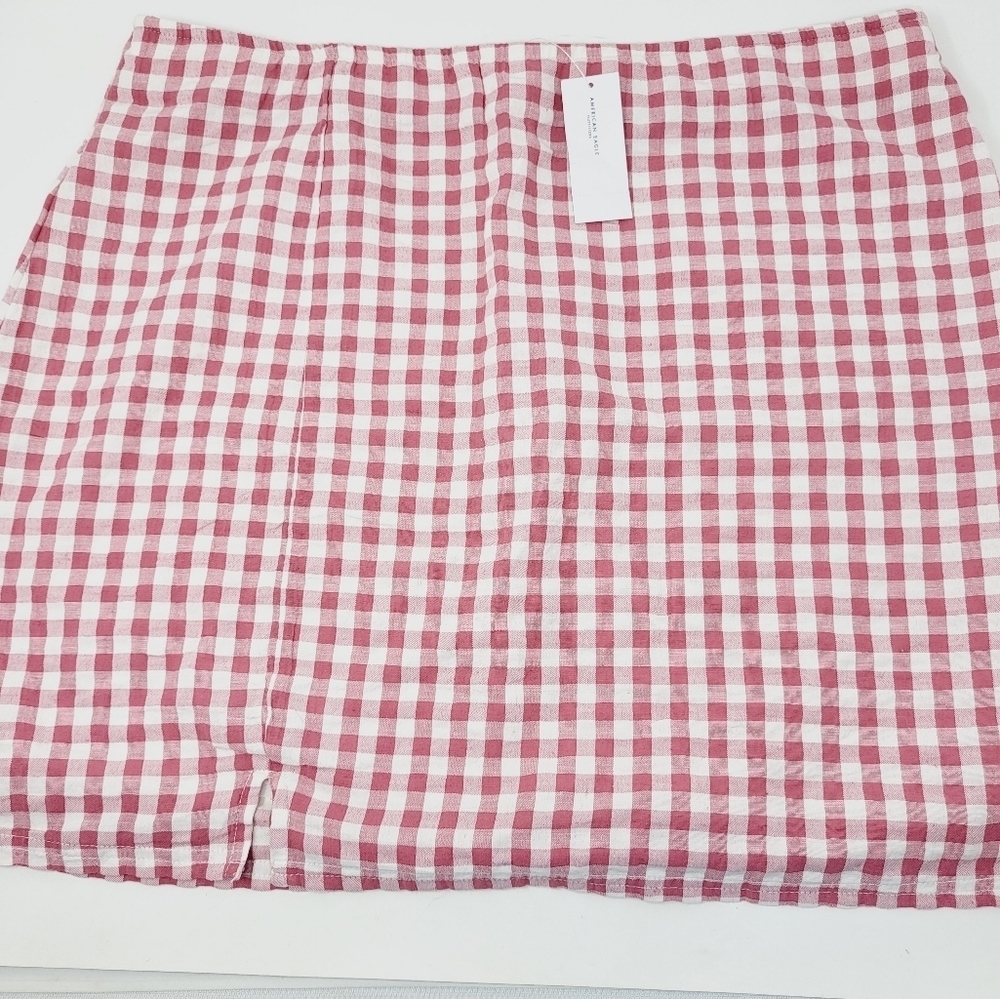 American Eagle Outfitters Notched Mini Pink and White Gingham Mini Skirt Size XL